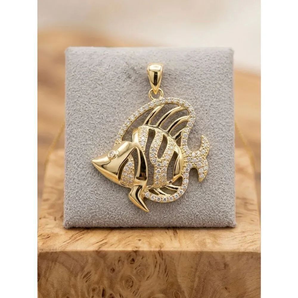 Gold Vermeil Moissanite Angel Fish Necklace Pendant Pave Diamond Cut Sparkle Sea
